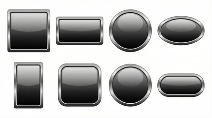 Eight glossy black buttons with metallic silver borders, geometric shapes arranged in rows, symbolizing interface design, modern technology, and interaction