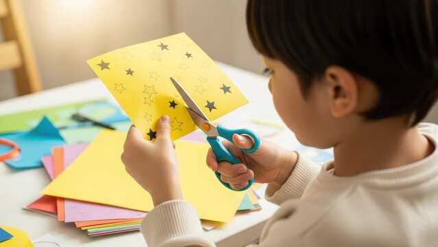 Child cutting paper stars with scissors during creative craft activity