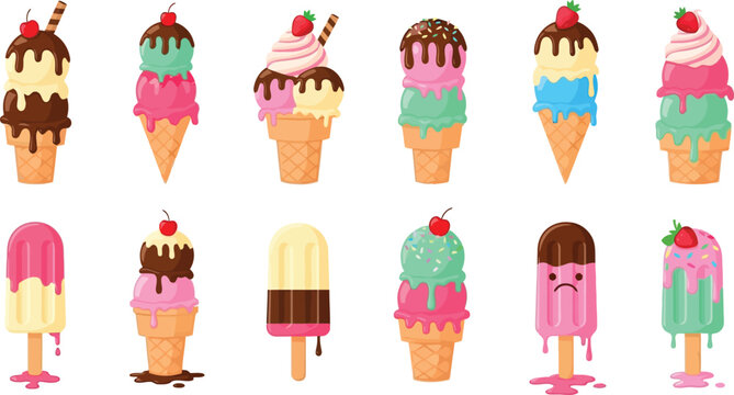 Sweet cartoon ice cream cones and popsicles with chocolate drip summer dessert icons
