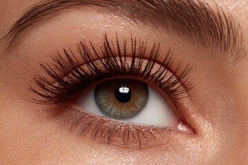 Obraz premium Eye Espresso Brown Mascara Naturally Full Lashes Hyper Realistic Beauty Makeup Closeup