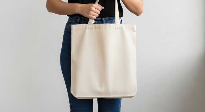Woman holding plain canvas tote bag in front of her body against neutral background, reusable eco shopping accessory