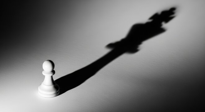 White pawn chess piece casting long dramatic shadow resembling a king on textured surface, power ambition concept