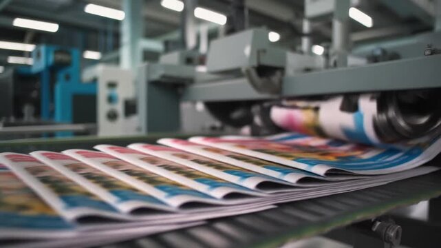 Freshly Printed Colorful Magazines Moving on a Factory Conveyor Belt