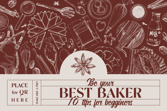 Bakery sketched background with kitchen tools and ingredients