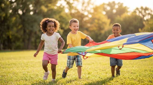 Happy Diverse Children Playing with a Colorful Parachute Outdoors.