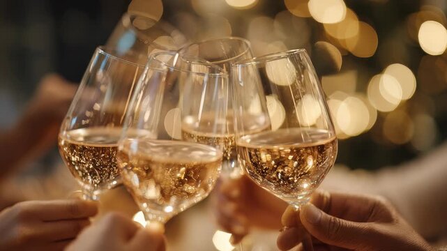 Group of friends toasting with glasses of sparkling wine at a festive celebration, surrounded by warm golden bokeh lights. Cheers and laughter fill the joyful holiday atmosphere