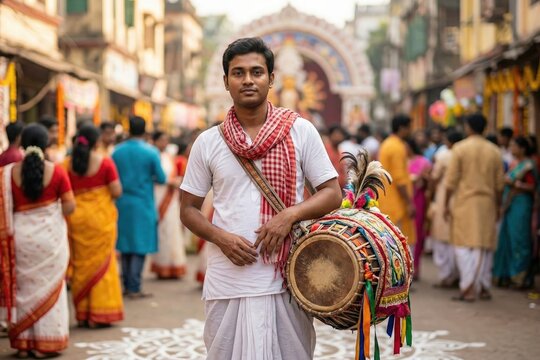 Traditional Dhak Drummer During Pohela Boishakh Festival &ndash; Bengali Cultural Music Celebration