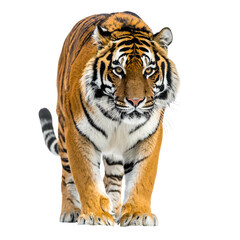 Obraz premium A majestic striped big cat walks confidently, looking directly at the viewer with an intense stare. Isolated on a plain background