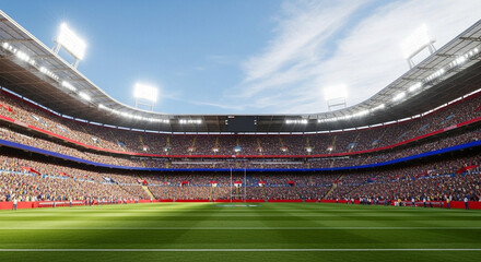 Realistic Soccer Stadium with Grandstands and Sunlit Sky &ndash; 8K Wide Angle