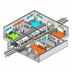 Naklejka premium Isometric Illustration of Modern Train Station Interior.