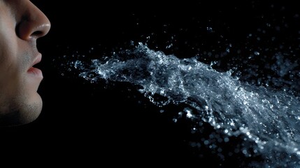 A person s mouth expelling a dynamic forceful spray of clear water droplets against a dark background