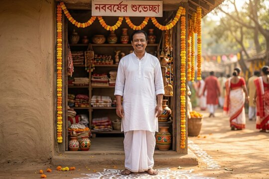 Bengali Shopkeeper Celebrating Pohela Boishakh at Store Entrance &ndash; Bengali New Year Haal Khata Tradition