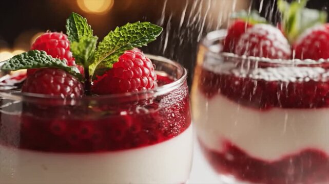Dessert jars with creamy pudding, raspberry topping, and mint leaves being dusted with powdered sugar in a close-up view