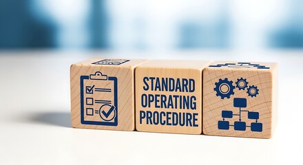 Three wooden blocks with blue and text standard operating procedure checklist clipboard