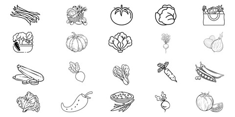 Naklejka premium Hand-Drawn Vegetable Sketch Vector Set – Outline Icons of Tomato, Carrot, Pumpkin, Cabbage & More | Black & White Farm Fresh Food Illustration Collection for Organic & Cooking Design