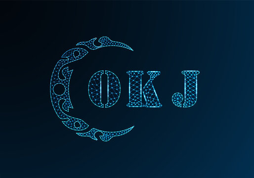 Low poly letter logo OKJ design. OKJ letter logo low poly vector design on blue color gradient background. OKJ logo low poly design