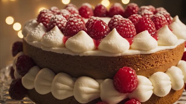 Delicious layered cake adorned with fresh raspberries and creamy frosting displayed on a table with soft lighting