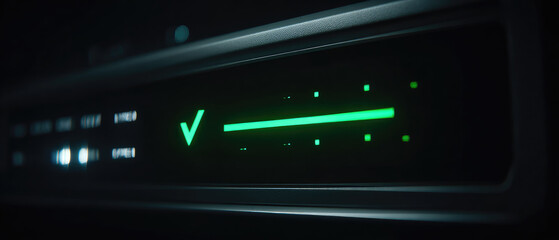 Obraz premium Electronic voting machine screen displays green check mark and illuminated progress bar in dark environment, symbolizing secure digital ballot confirmation and modern election technology