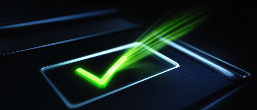 Electronic voting machine screen displays glowing green check mark symbolizing successful selection and modern digital technology in secure and futuristic environment