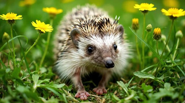 Hedgehog in grass flowers.