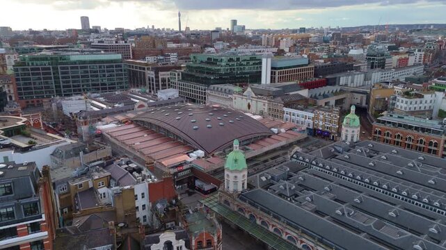Aerial shot of Smithfield Market and cityscape in London, England on a cloudy day