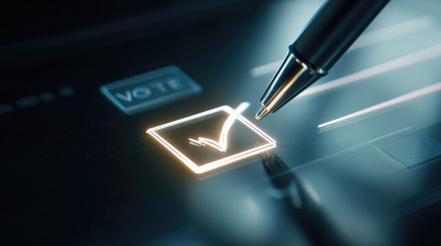 Electronic voting machine screen displays glowing checkbox being selected with pen symbolizing digital ballot casting and modern election technology in secure environment
