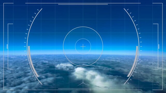 Hypersonic speed missile hud simulation flying at hypersonic speed over an endless layer of clouds under a blue sky. Scene captured from a jet cockpit and accelerated x10