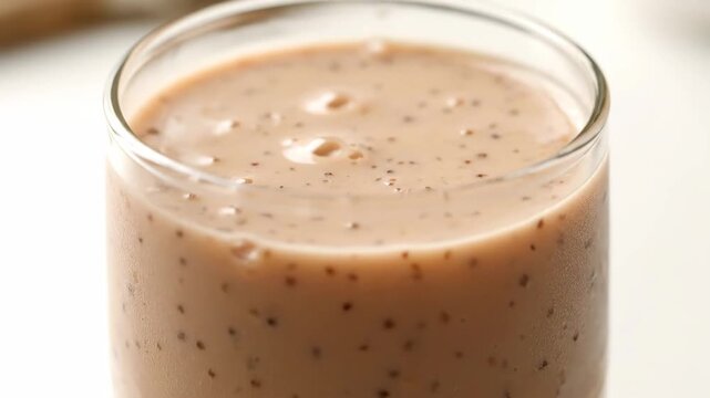 Fresh Indian chikoo sapodilla milkshake in glass with frothy texture slow motion close-up beverage video