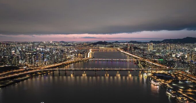 Hyperlapse of Total Lunar Eclipse Blood Moon over Lotte World Tower and Seoul Cityscape