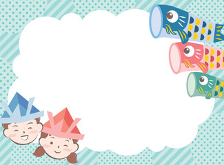 兜を被った子供たちと鯉のぼりのフレーム　こどもの日