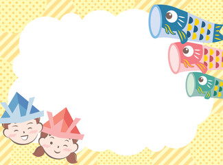 兜を被った子供たちと鯉のぼりのフレーム　こどもの日