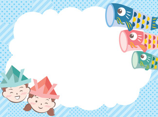 兜を被った子供たちと鯉のぼりのフレーム　こどもの日