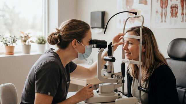 Female optometrist examining a young womans eyes with a slit lamp in a modern clinic.