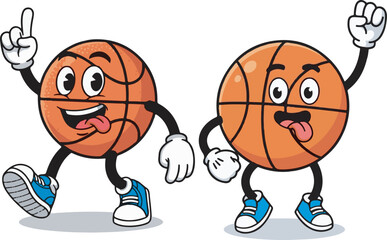 Fototapeta premium Two funny cartoon basketball characters vector illustration, one pointing up with a happy face and the other with a silly expression, perfect for sports-themed designs and children's content.