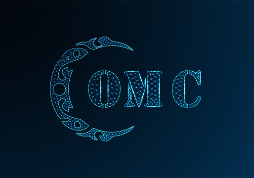 Low poly letter logo OMC design. OMC letter logo low poly vector design on blue color gradient background. OMC logo low poly design