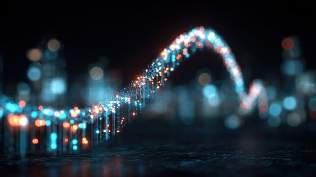 Glowing digital stream of data particles arcs across a dark, abstract cityscape background