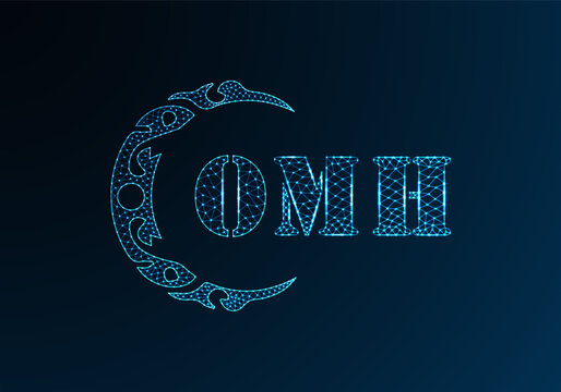 Low poly letter logo OMH design. OMH letter logo low poly vector design on blue color gradient background. OMH logo low poly design