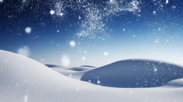 Winter Snowscape: Falling Snow Over Snowy Hills Under Starry Night Sky