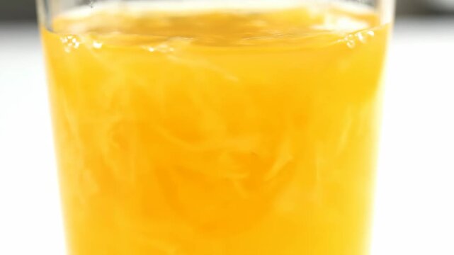 Fresh Indian pineapple juice beverage close-up with fibrous pulp texture in slow macro rotation glass