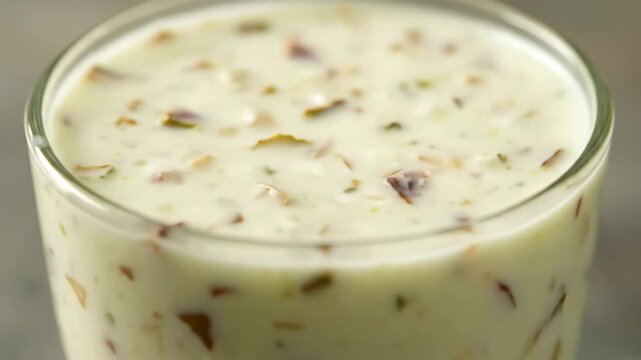 Creamy Indian pista badam milkshake close-up with slow rotation macro thick texture frothy beverage