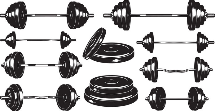 Set of black iron dumbbells and weight plates for gym fitness training equipment