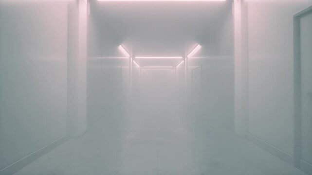 Mysterious Hazy Hallway with Glowing Fluorescent Lights and Drifting Fog
