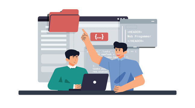 IT Developers Managing Digital Files, Source Code Structure, and Programming Workflow While Collaborating on Modern Software Application Development Project