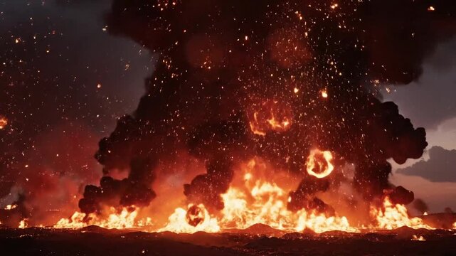Massive Explosion and Fireball Erupting with Debris and Smoke