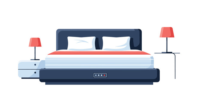 Modern master bedroom furniture set includes a large dark bed frame with white pillows and two matching nightstands with red lamps.