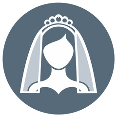 Icon of bride wearing veil and tiara in circle, simple elegant vector illustration, wedding theme, gray and white design.