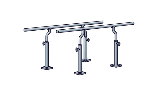 Adjustable parallel bars for physical therapy and gait training in a rehabilitation clinic or medical fitness center.