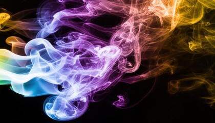 Fototapeta premium Colorful smoke patterns creating a vibrant and abstract visual effect on a dark background.