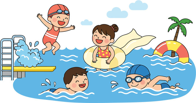 Children enjoying a refreshing swim and playing in a sparkling blue swimming pool on a sunny day, with pool floats and diving board for summer fun