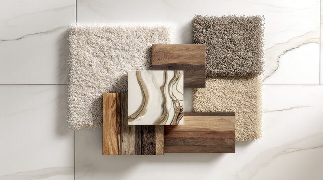 Interior design material samples showcase various textures and natural finishes on a bright surface